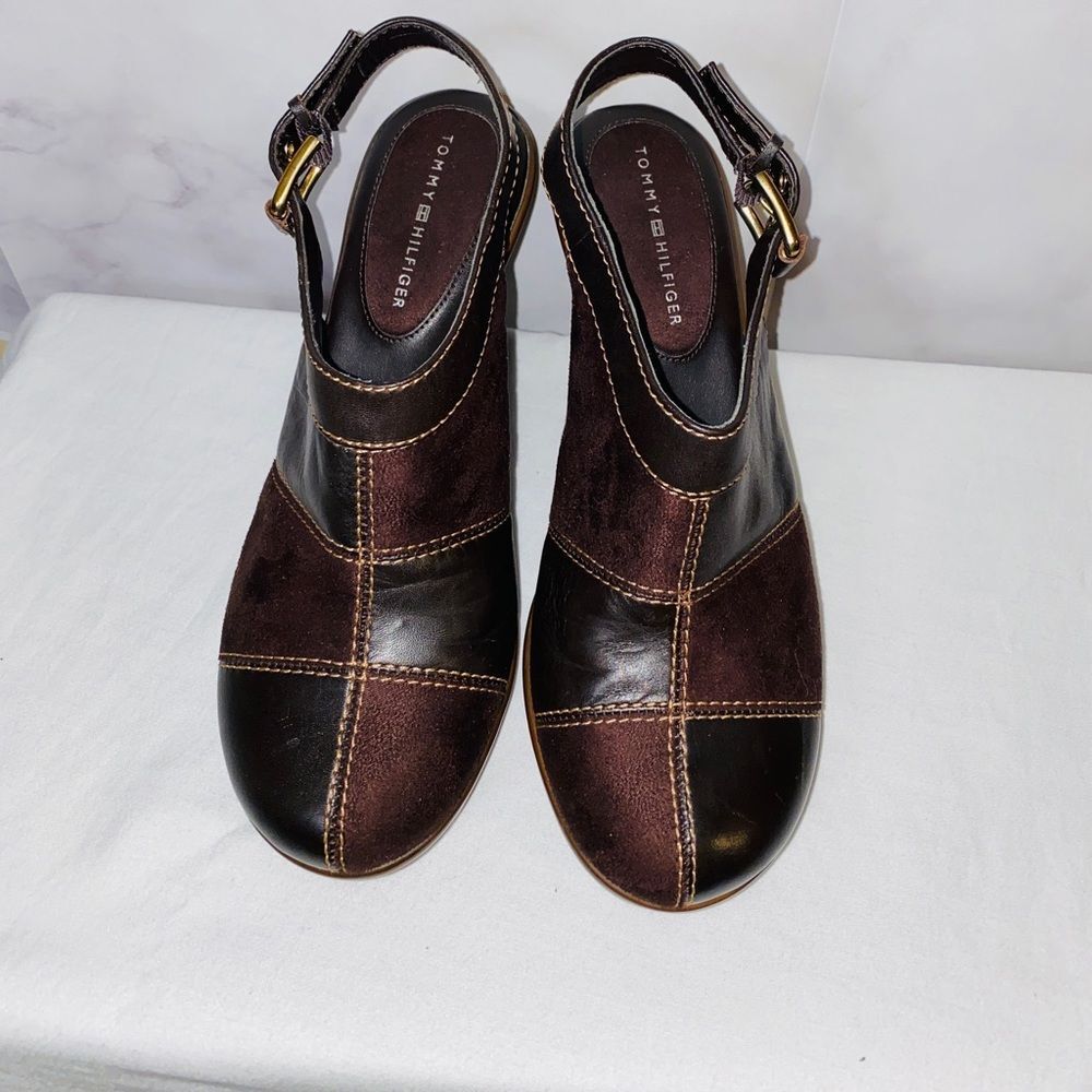 Tommy Hilfiger sling back brown patchwork heels. Size 8.5M Mable